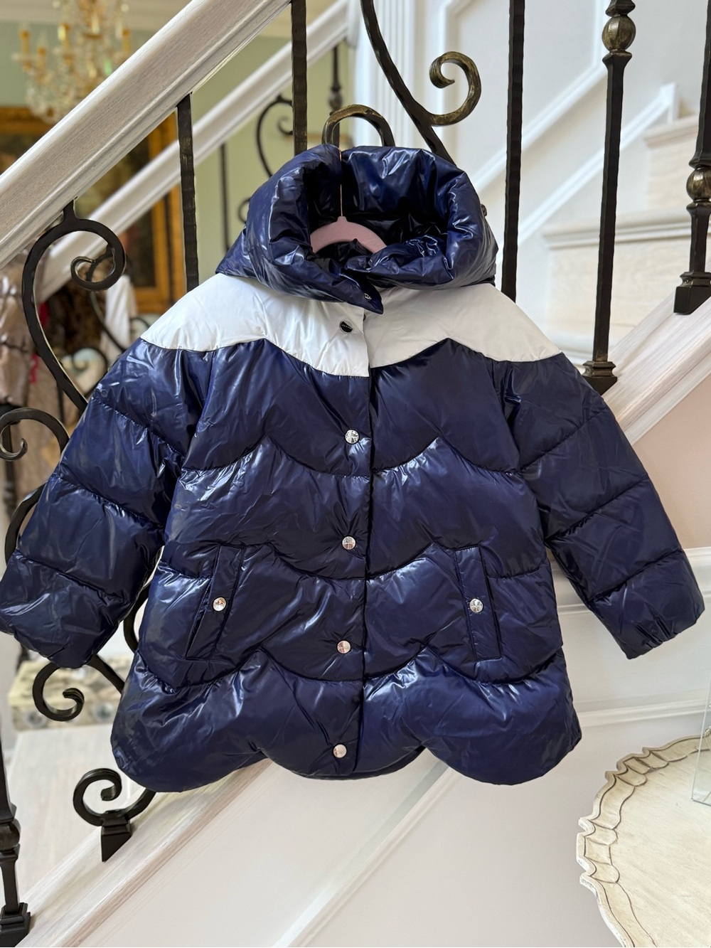 Jacadi Navy and White Quilted Puffer Coat with Hood